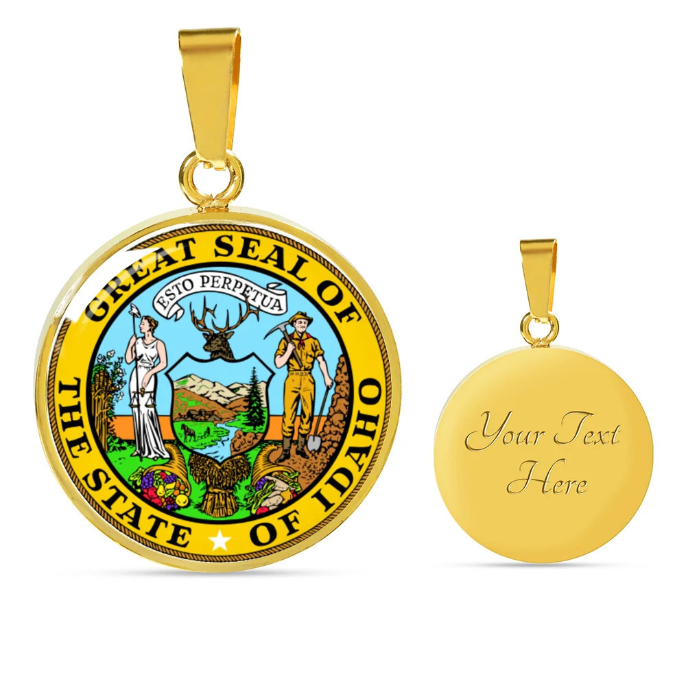 Idaho State Seal Personalized Engraved Gold Circle Necklace Custom Name Date Gi